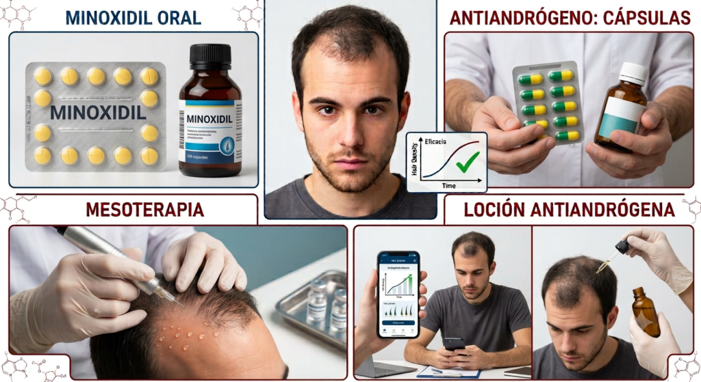 Tratamientos para alopecia androgenética: minoxidil oral, antiandrógenos, mesoterapia con dutasterida y loción tópica - Dr. Victoriano Morales dermatólogo Madrid
