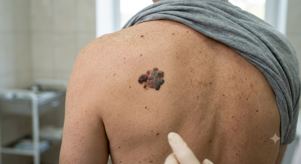 Lesión melanocítica atípica en espalda con criterios ABCDE de melanoma - cribado dermatológico Dr. Victoriano Morales Madrid