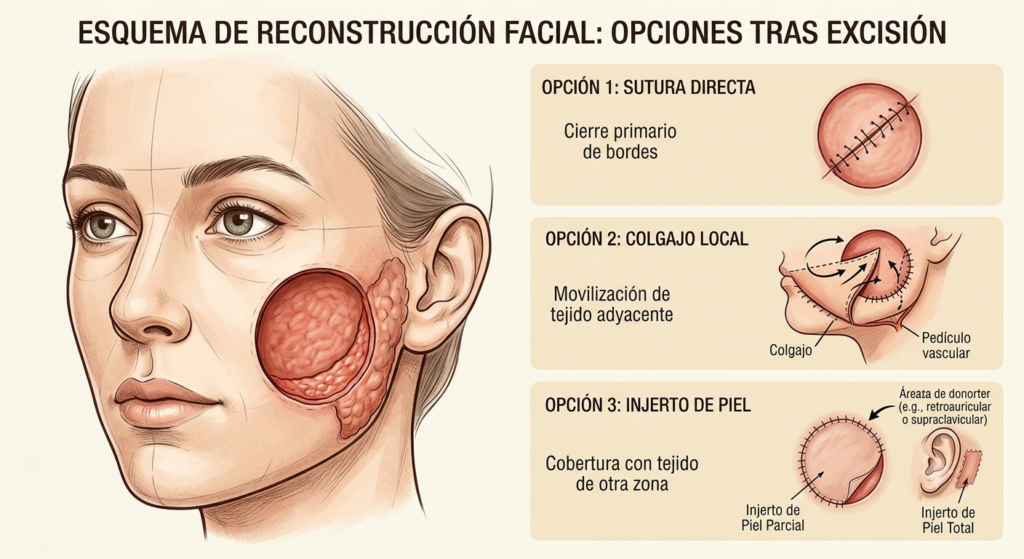 Esquema de reconstrucción facial tras excisión: sutura directa, colgajo local e injerto de piel - cirugía dermatológica Dr. Victoriano Morales Madrid